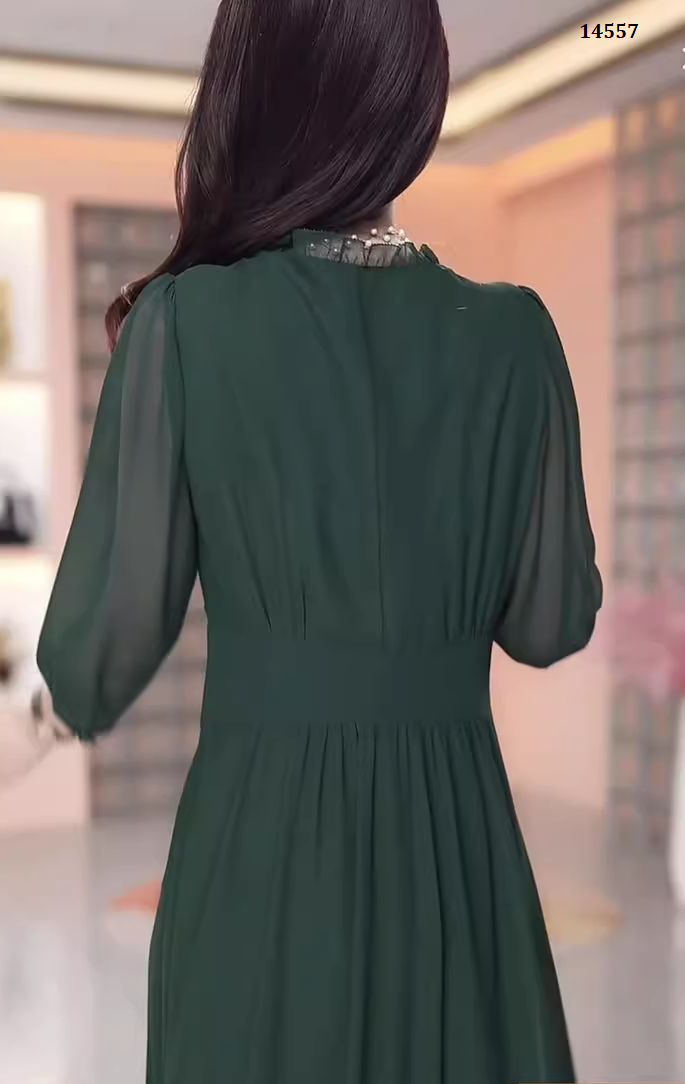 14557-Đầm xòe dự tiệc eo kết  hoa màu rêu ( chifon, lụa habutai)_thumbnail_3