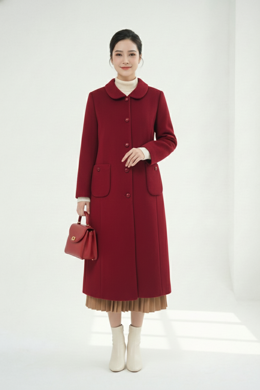 Áo măng tô Suông Vải dạ lông cừu Trang trí khuy hoa hồng Cổ bẻ Dài đến bắp chân_thumbnail_7