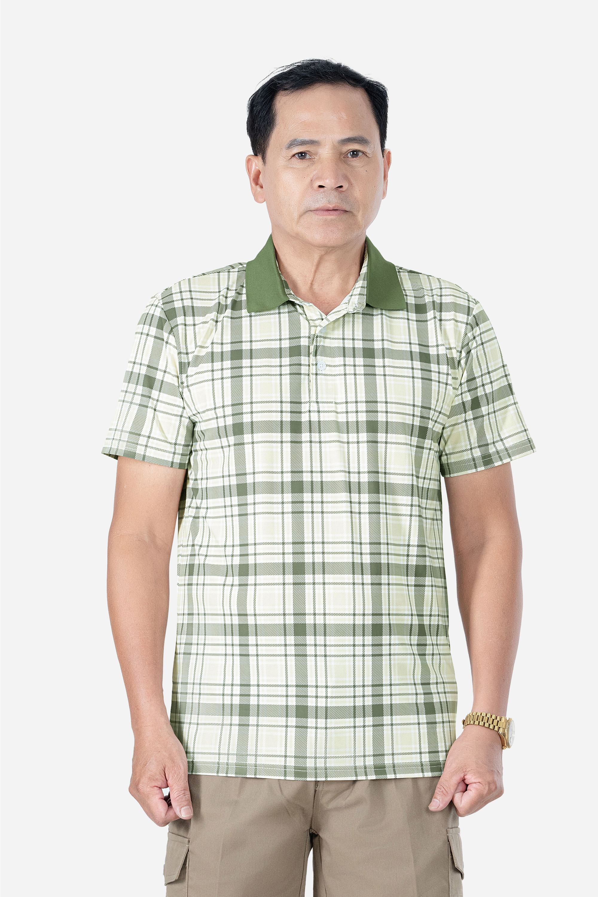 Áo Polo Kẻ Nam Trung Niên ANCHI Chất Liệu Cotton Mĩ Cao Cấp Phom Suông Vạt Ngang Màu Rêu