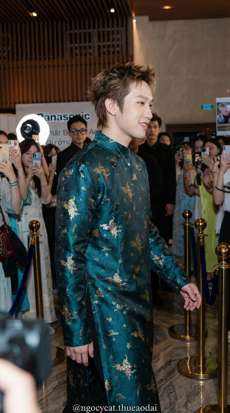 Áo Dài Nam Xanh Cổ Vịt Gấm Họa Tiết Truyền Thống