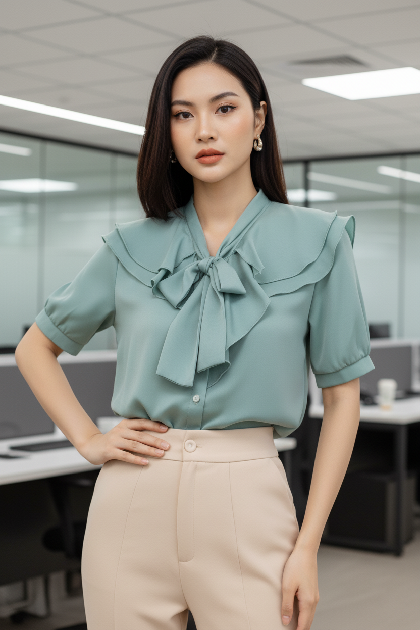 Áo kiểu cột nơ tay bồng