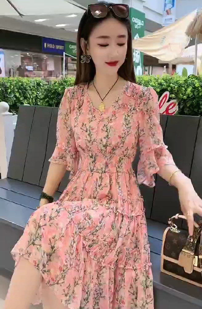 14531-Đầm voan xòe may viền tầng họa tiết hoa dây xanh (voan lót) 14531_thumbnail_0