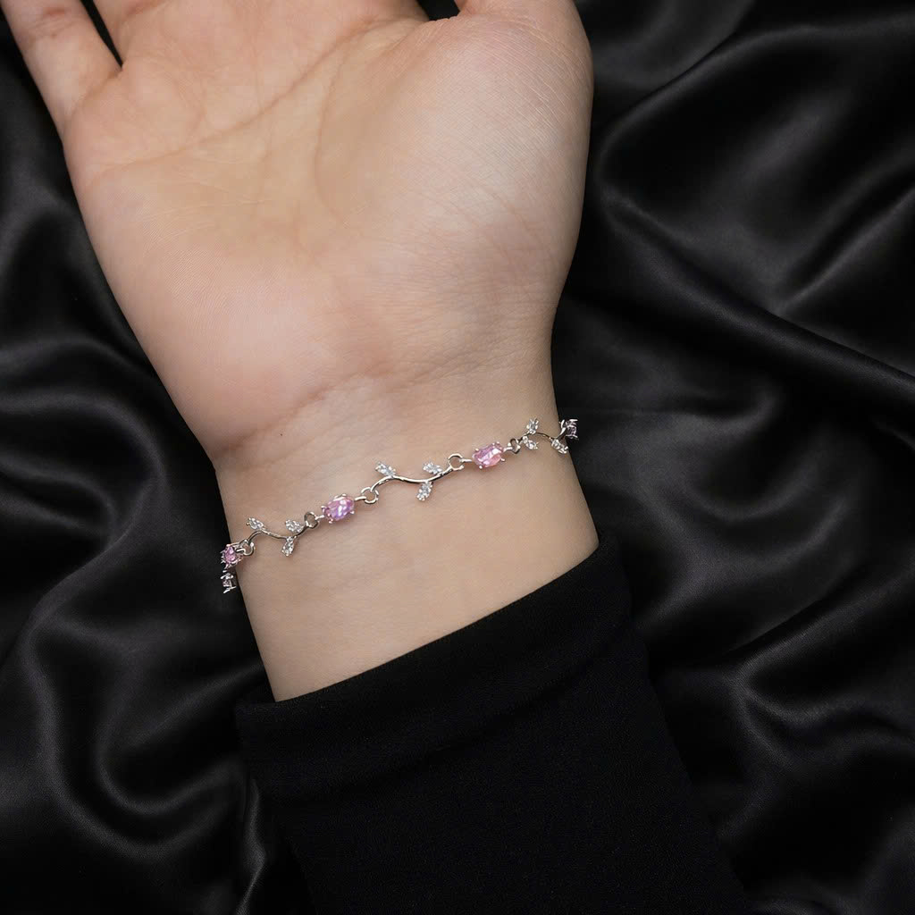 Vòng tay bạc xi kim hoa tulip kim cương đá hồng_thumbnail_3