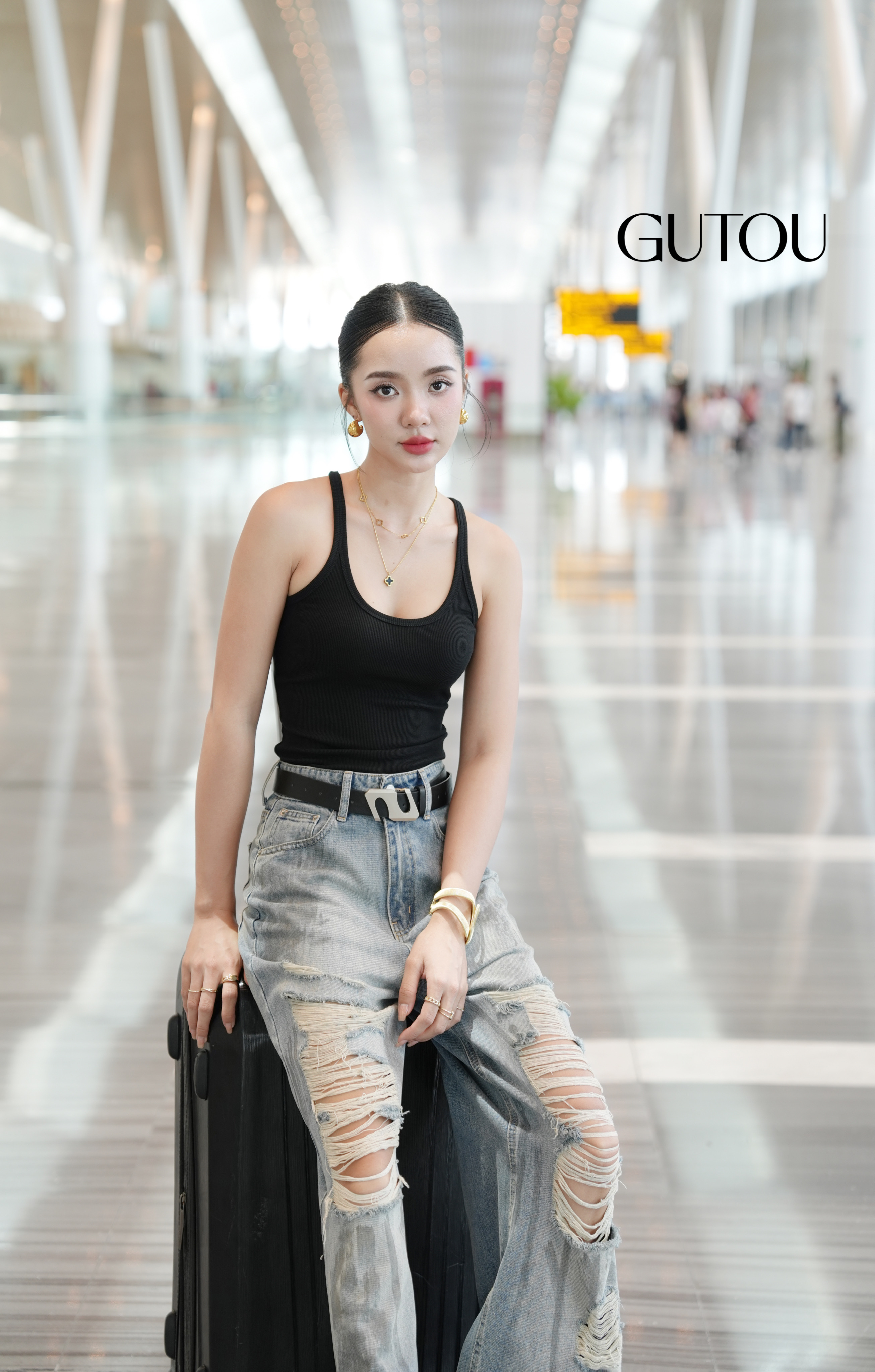 [ GUTOU ] Quần Jean Suông Rách Gối Rock Chic_thumbnail_4