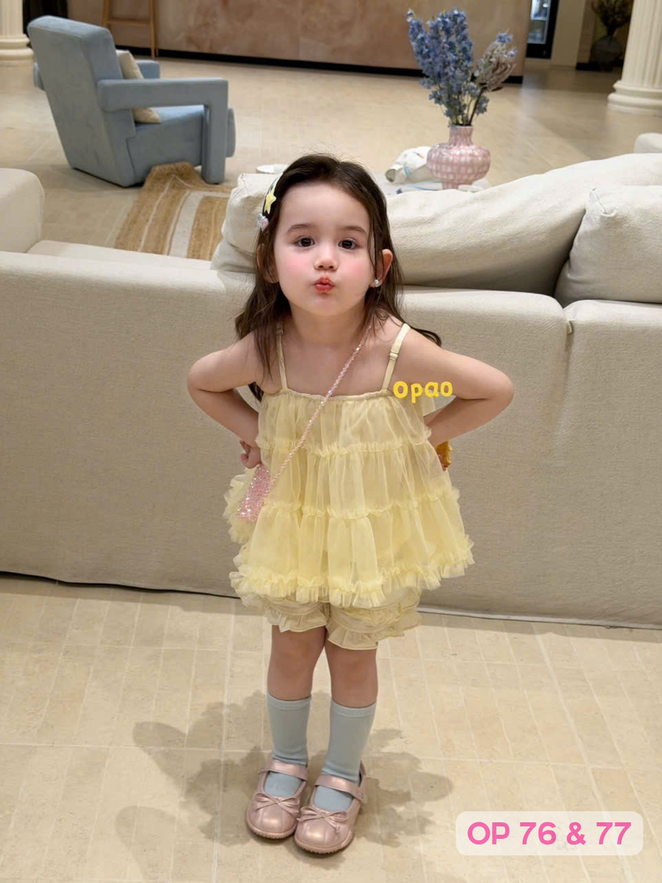 OP76 - Áo 2 dây lưới tầng màu vàng hãng Opao_thumbnail_0
