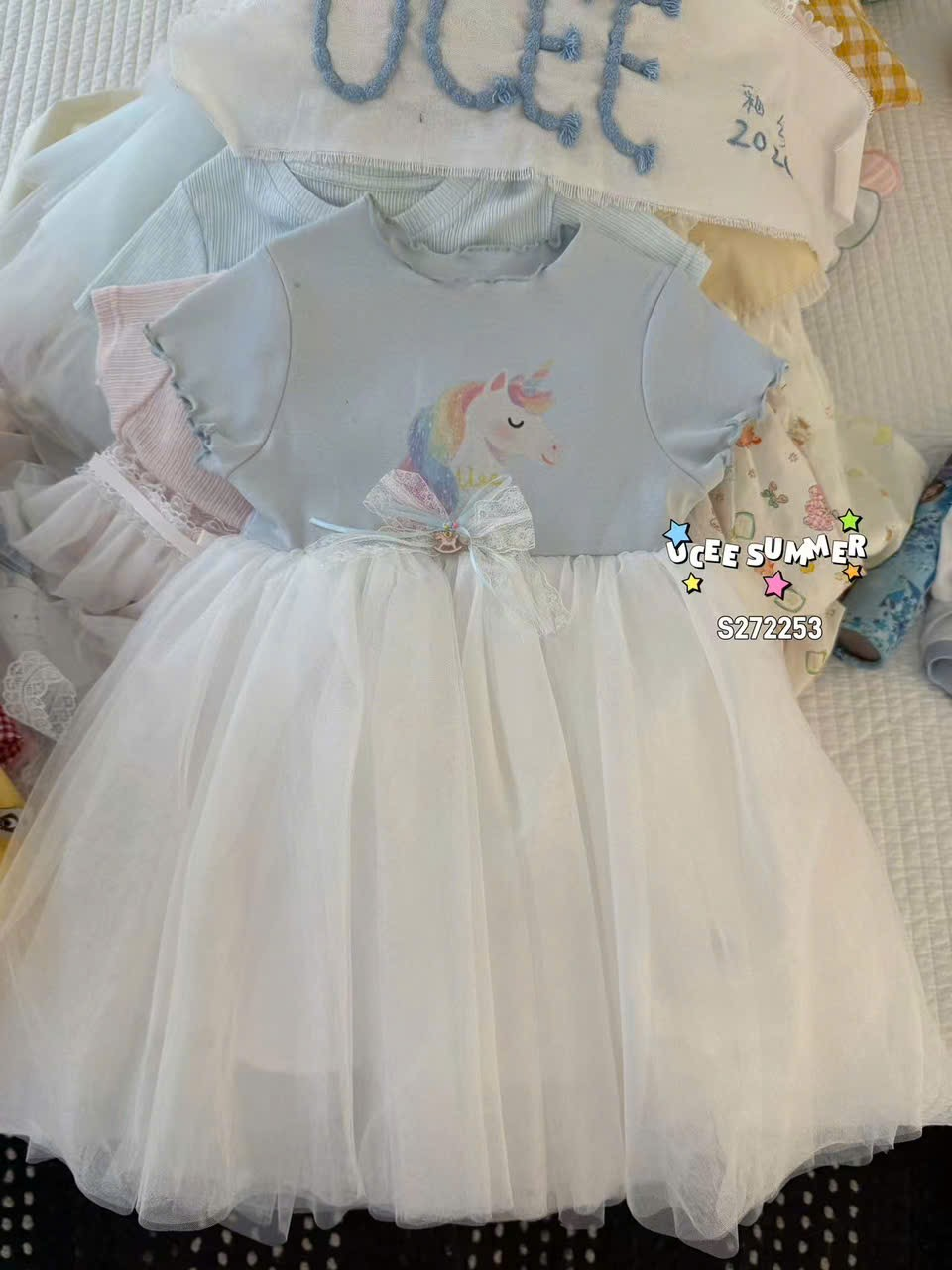 D105 - Váy cotton phối chân voan in kỳ lân đính nơ hãng Ucee