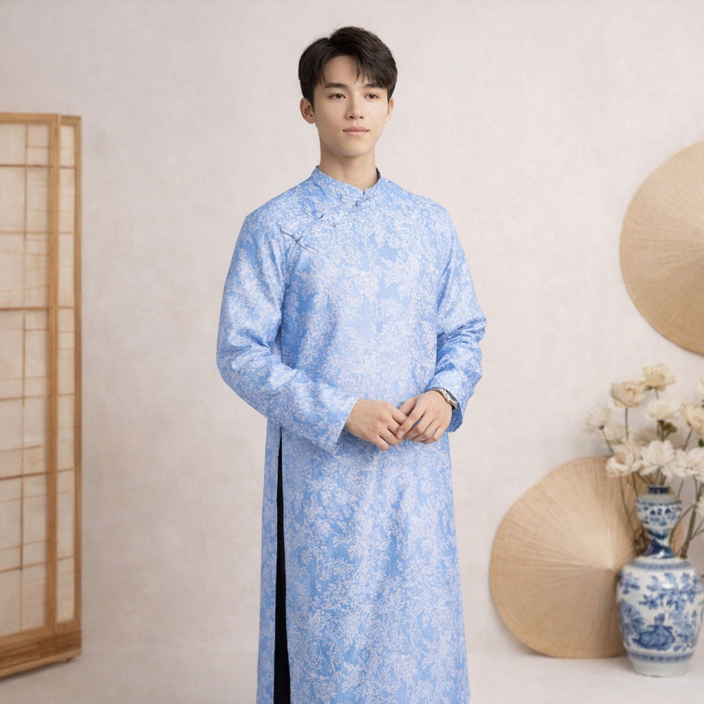 Áo Dài Nam Gấm Châu Sa Họa Tiết – Cách Tân Khóa Lưng Cúc Giả NA25-05_thumbnail_3