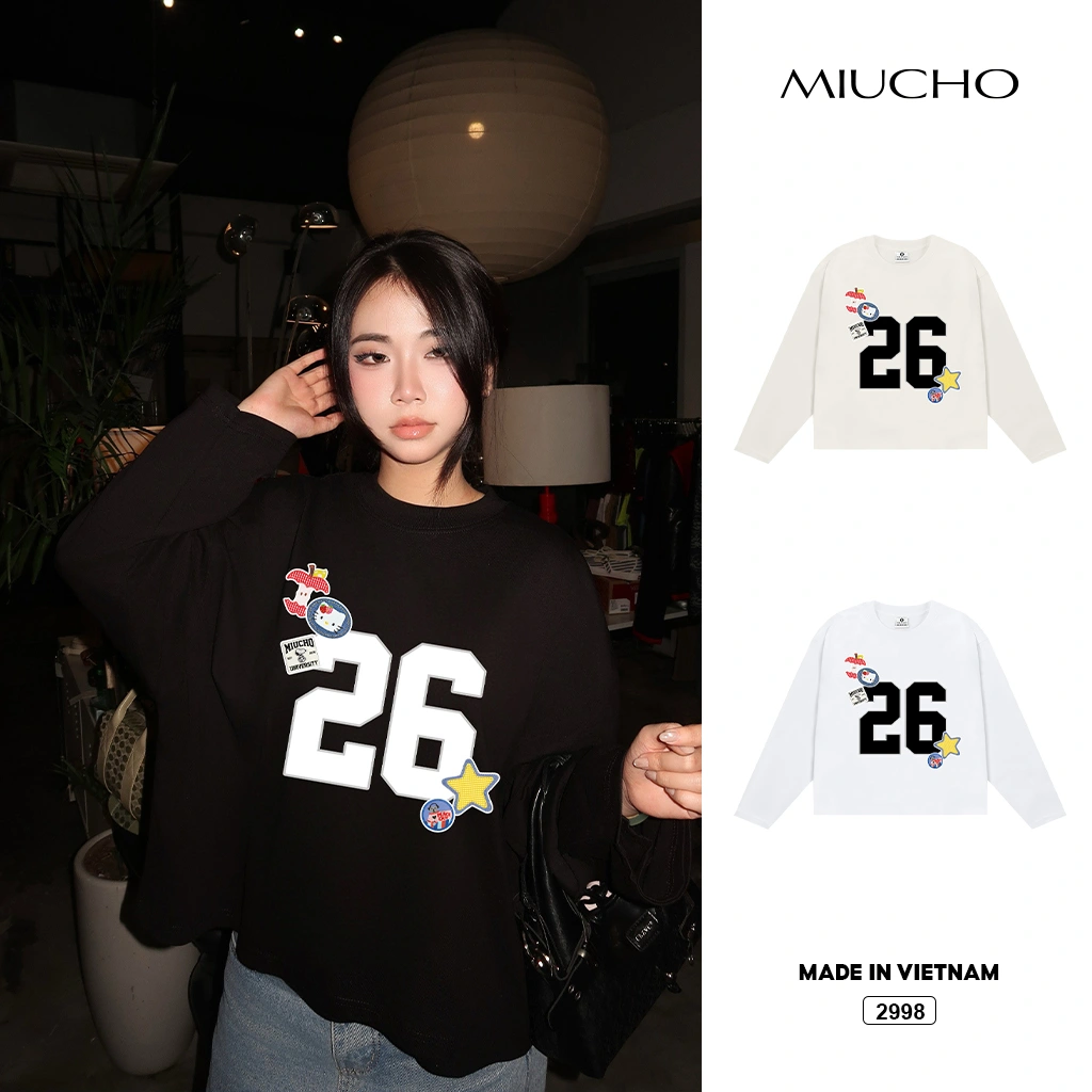Áo thun boxy Tết Bính Ngọ 2026 basic dễ phối Miucho vải thoáng mát tay dài cổ tròn 2998