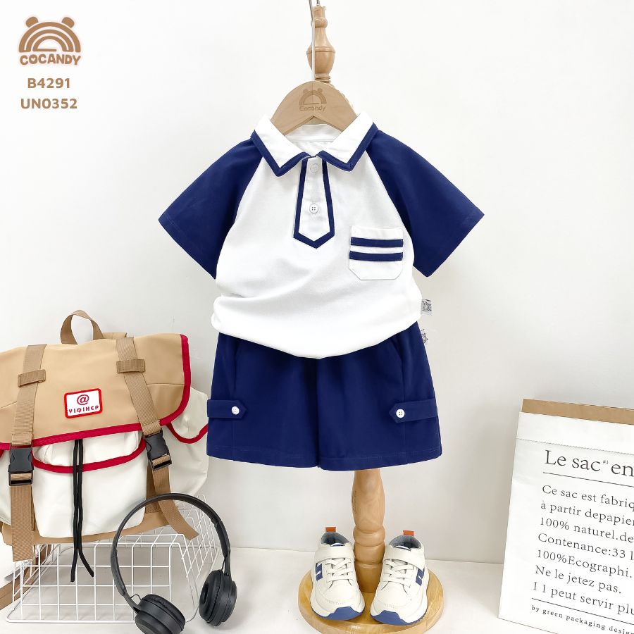 Bộ cộc TRẮNG phối xanh than giả cổ cà vạt