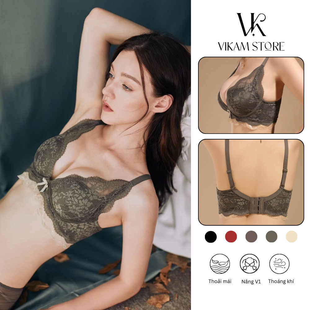 [Mã B73] Áo Ngực Nữ Ren Đệm 2cm Cao Cấp Áo Lót Nữ Ren Mềm Mại Nâng Dẩy Không Gọng Vikam Size 34-38 Màu Đen Kem Đỏ Nâu Xanh