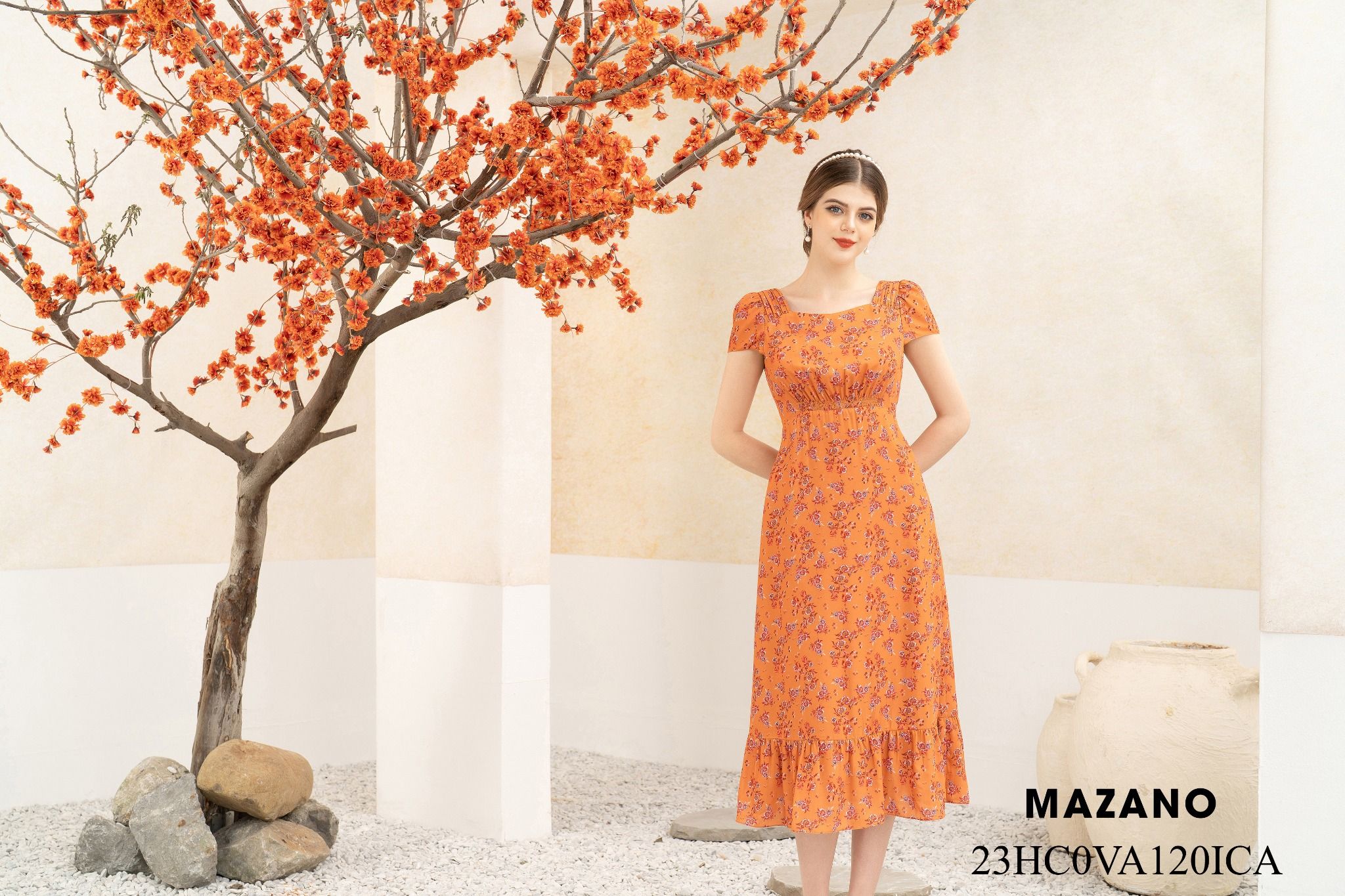 Váy Đầm Ôm Vải chiffon dày Hoạ tiết hoa in Cổ cách điệu Tay ngắn Dài qua bắp chân_thumbnail_2