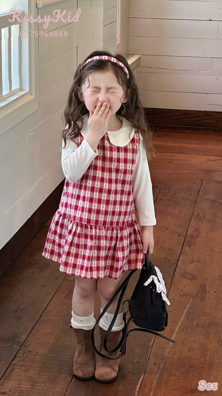 (S65) Set áo thun cổ sen kèm váy 2 dây kẻ đỏ Xing Xing_thumbnail_0