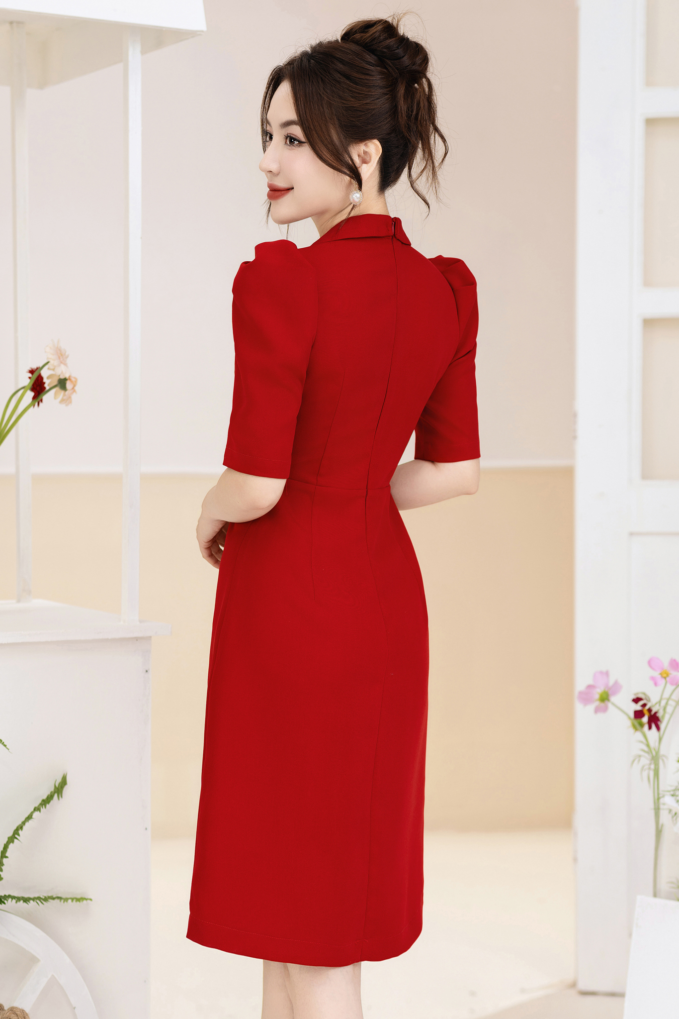 Đầm A đỏ cổ vuông đính cúc ngực_thumbnail_1