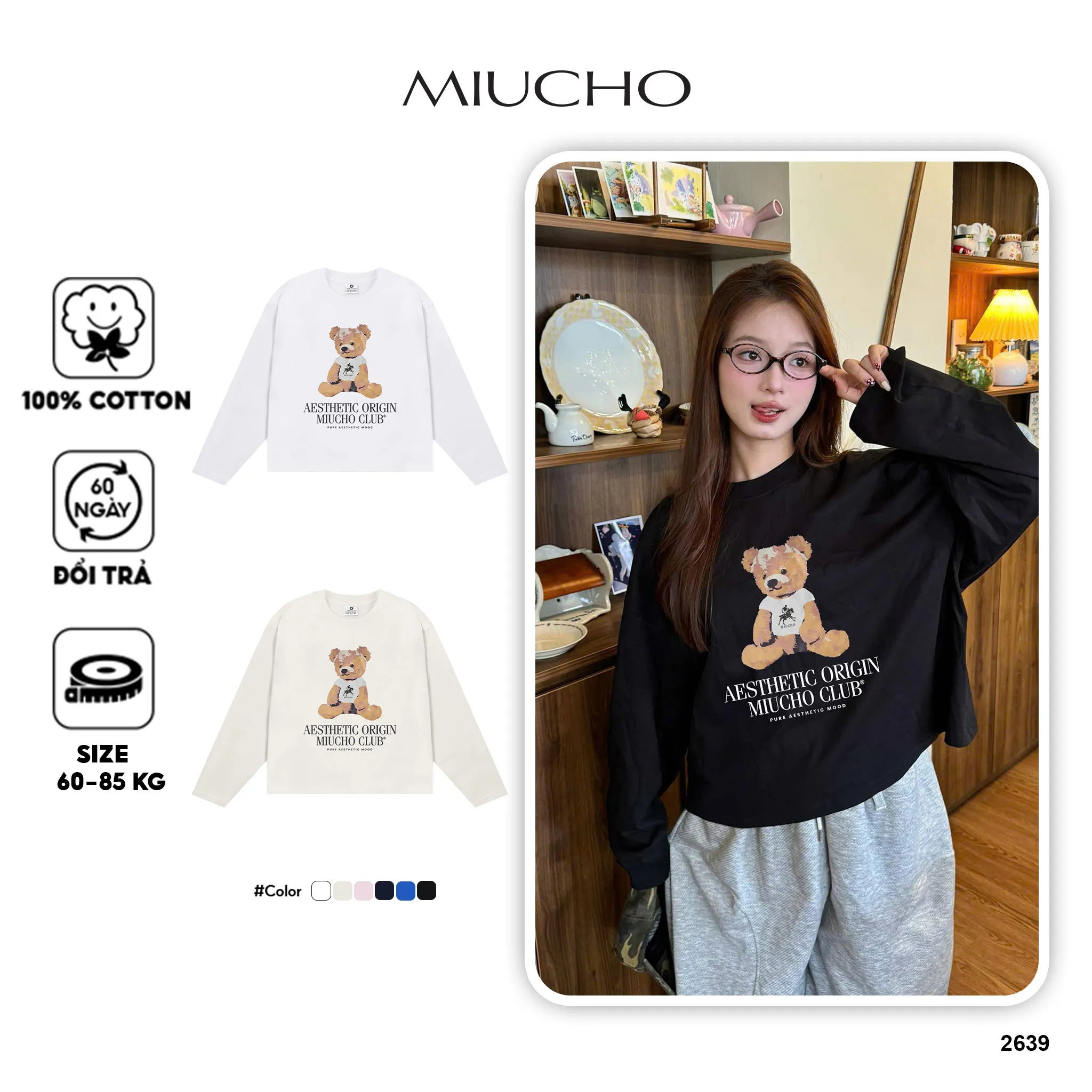 Áo thun boxy nữ tay dài hình gấu bông 2639 Miucho chuẩn form cá tính vải cotton thoáng mát in mix