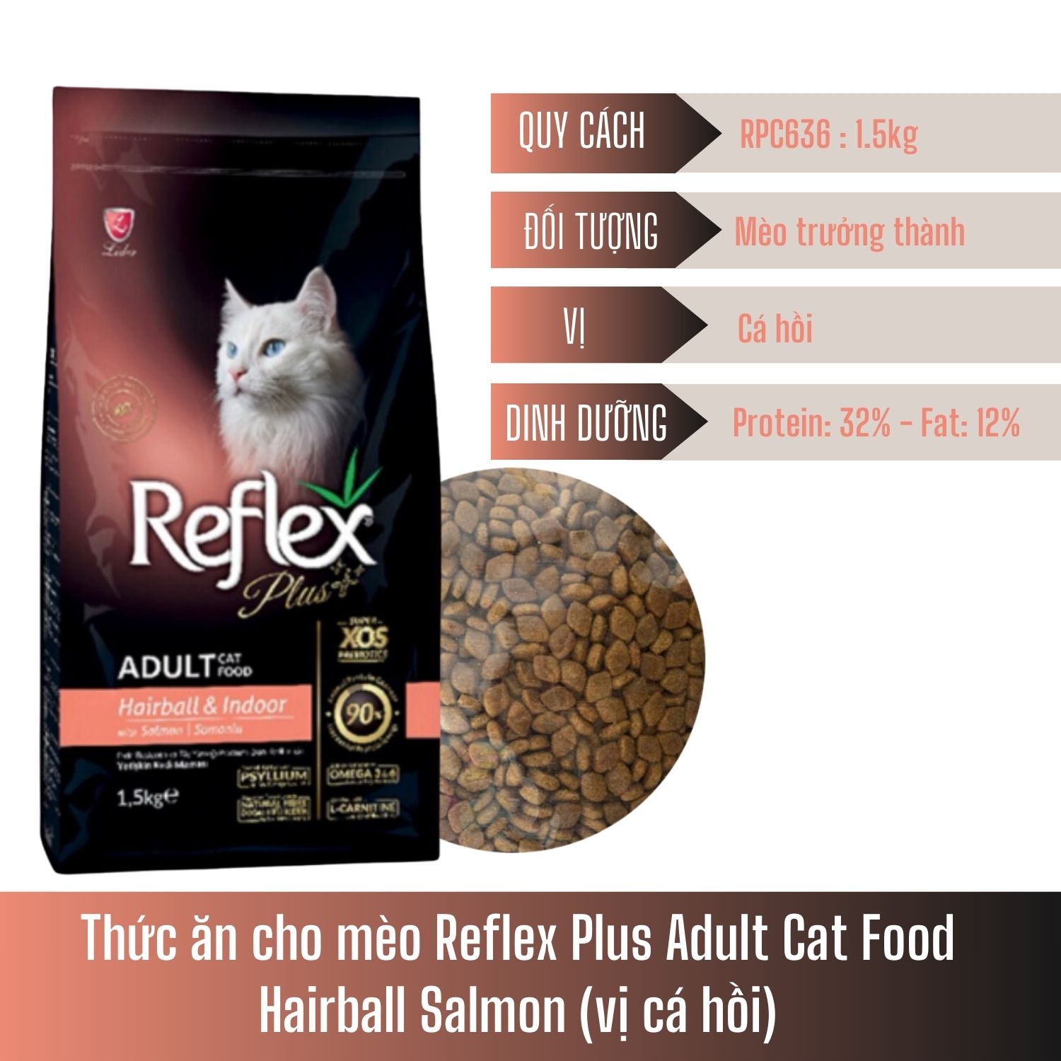 Thức ăn cho mèo Reflex Plus Adult Cat Food Hairball Salmon (vị cá hồi) 1,5kg_thumbnail_1