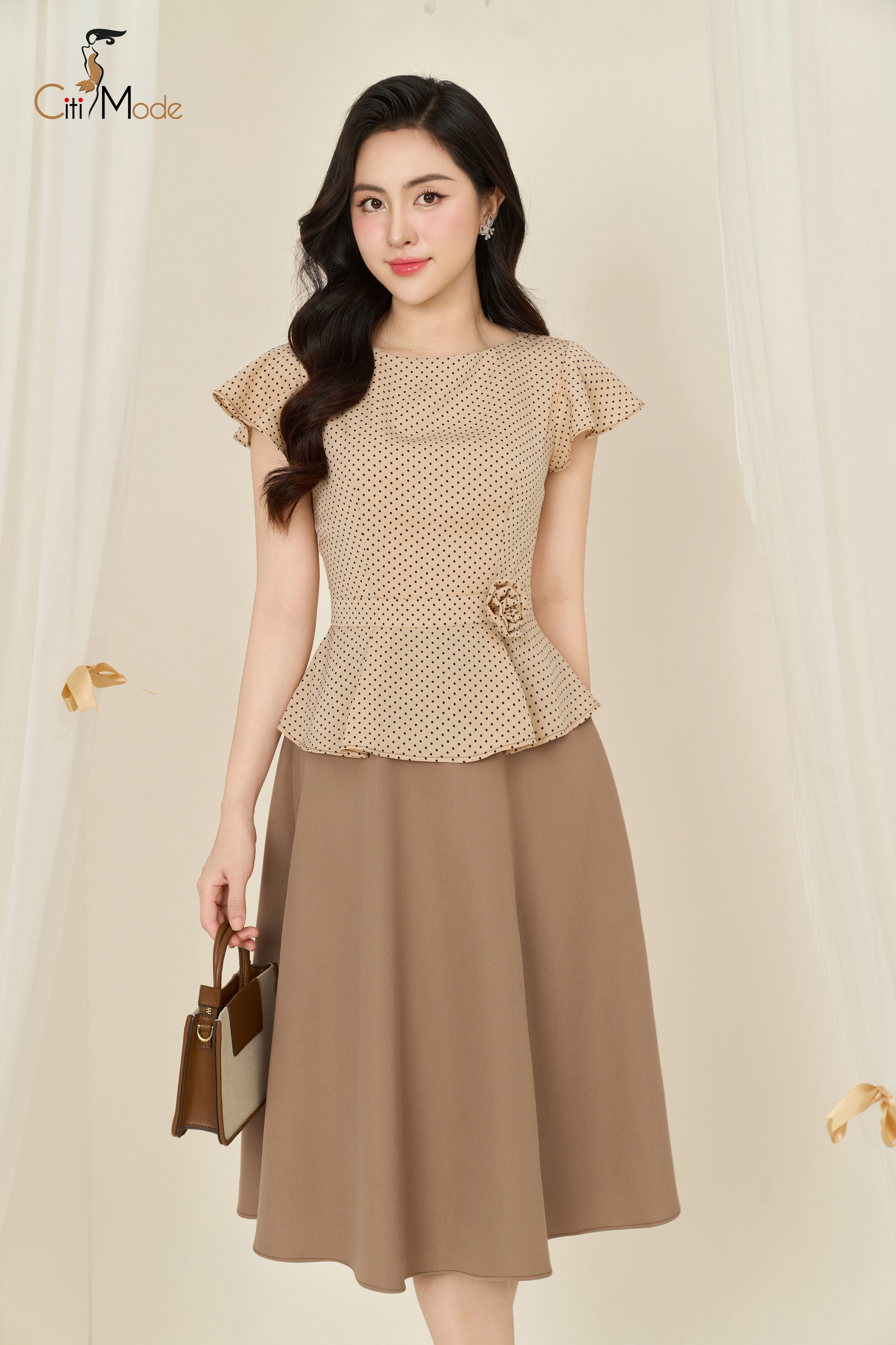 Đầm xoè chấm bi phối chân váy nâu_thumbnail_0