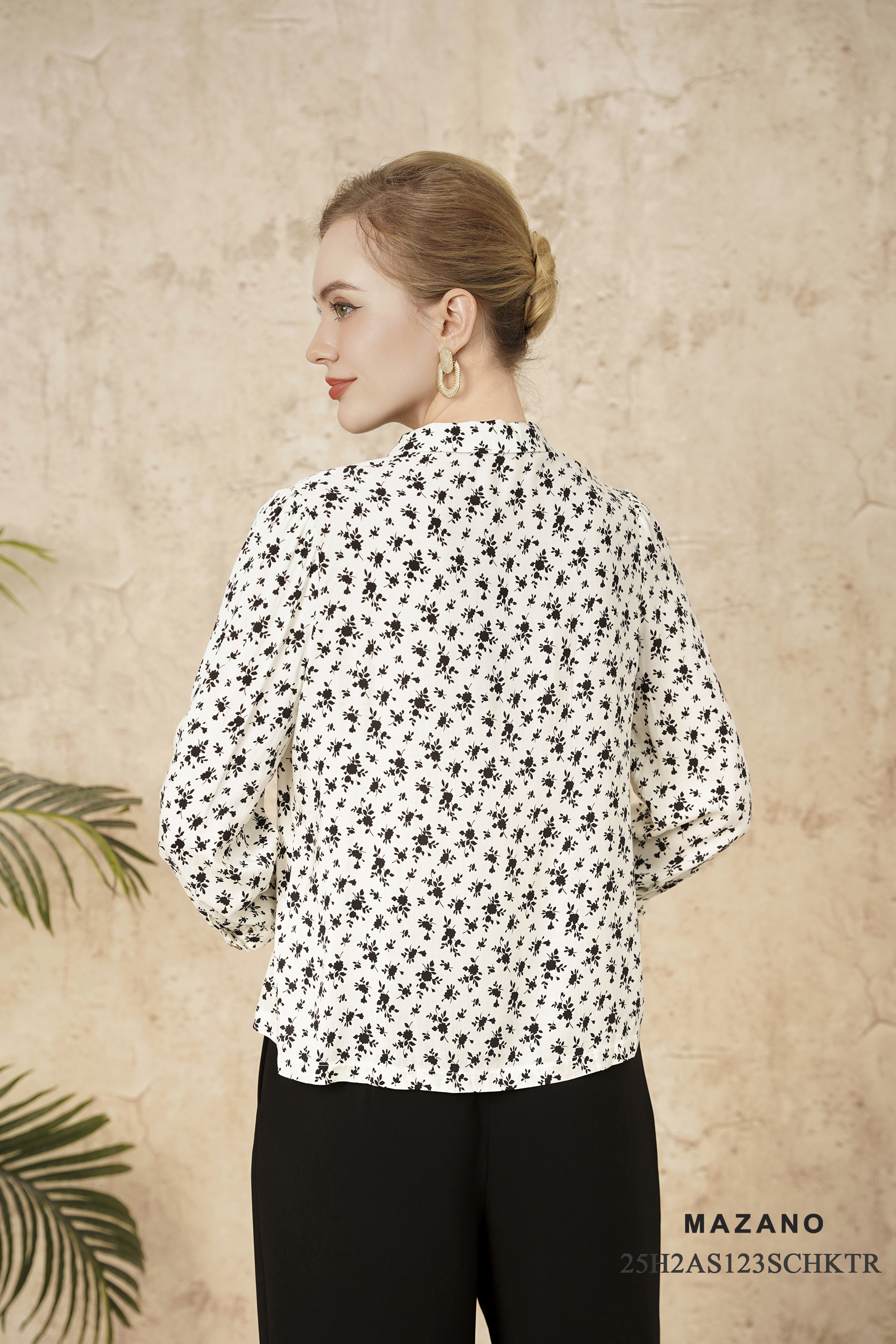 Áo sơmi Suông Vải cotton lanh Họa tiết hoa nhí Cổ lá nhỏ Tay Dài_thumbnail_4
