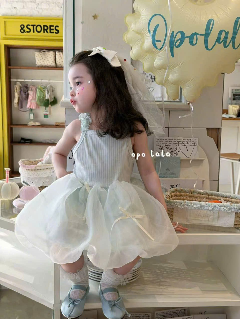 C83 - Váy 2 dây liền voan bí màu xanh hãng Opl (Sz 90-130)