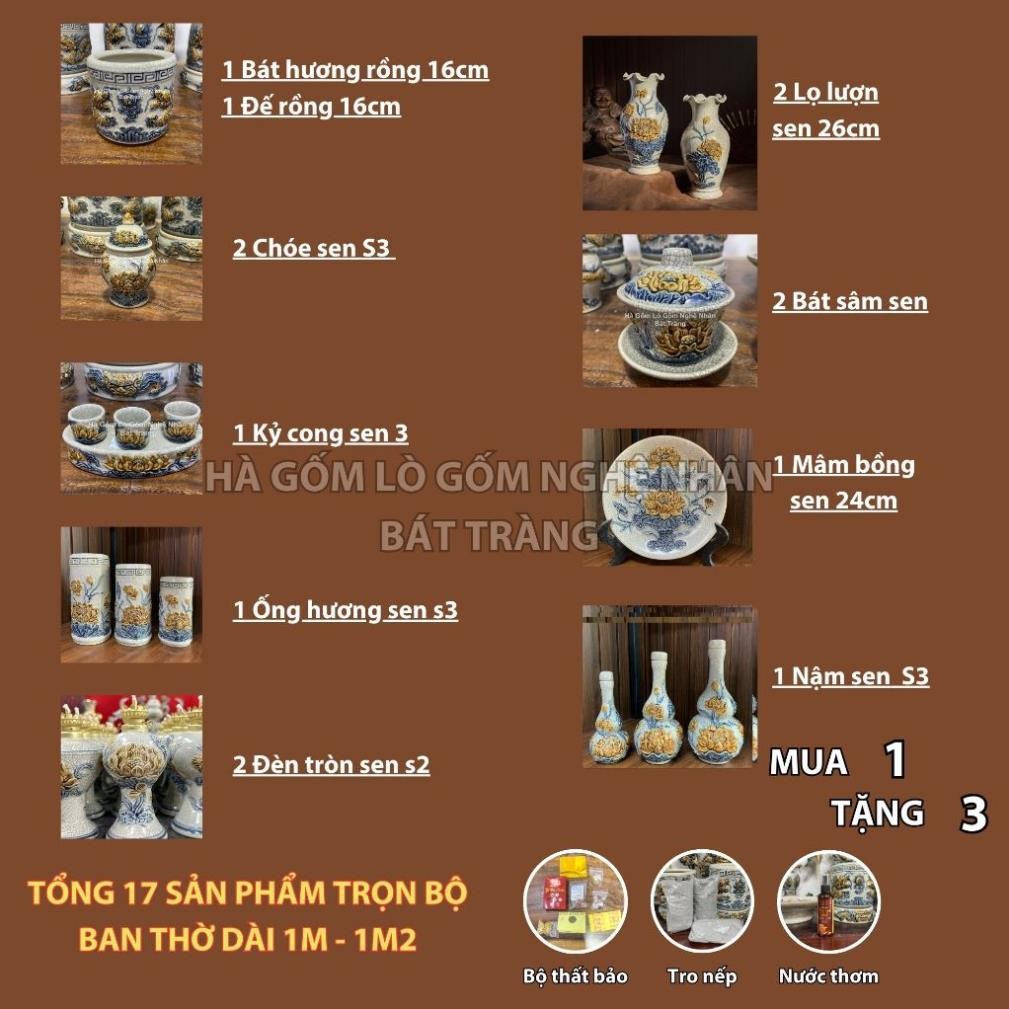 HG038 Đồ Thờ Cúng Bộ 17 món ban thờ 1M - 1M2 men rạn nổi nghệ nhân Bát Tràng chế tác TẶNG Thất Bảo, Tro Nếp_thumbnail_1