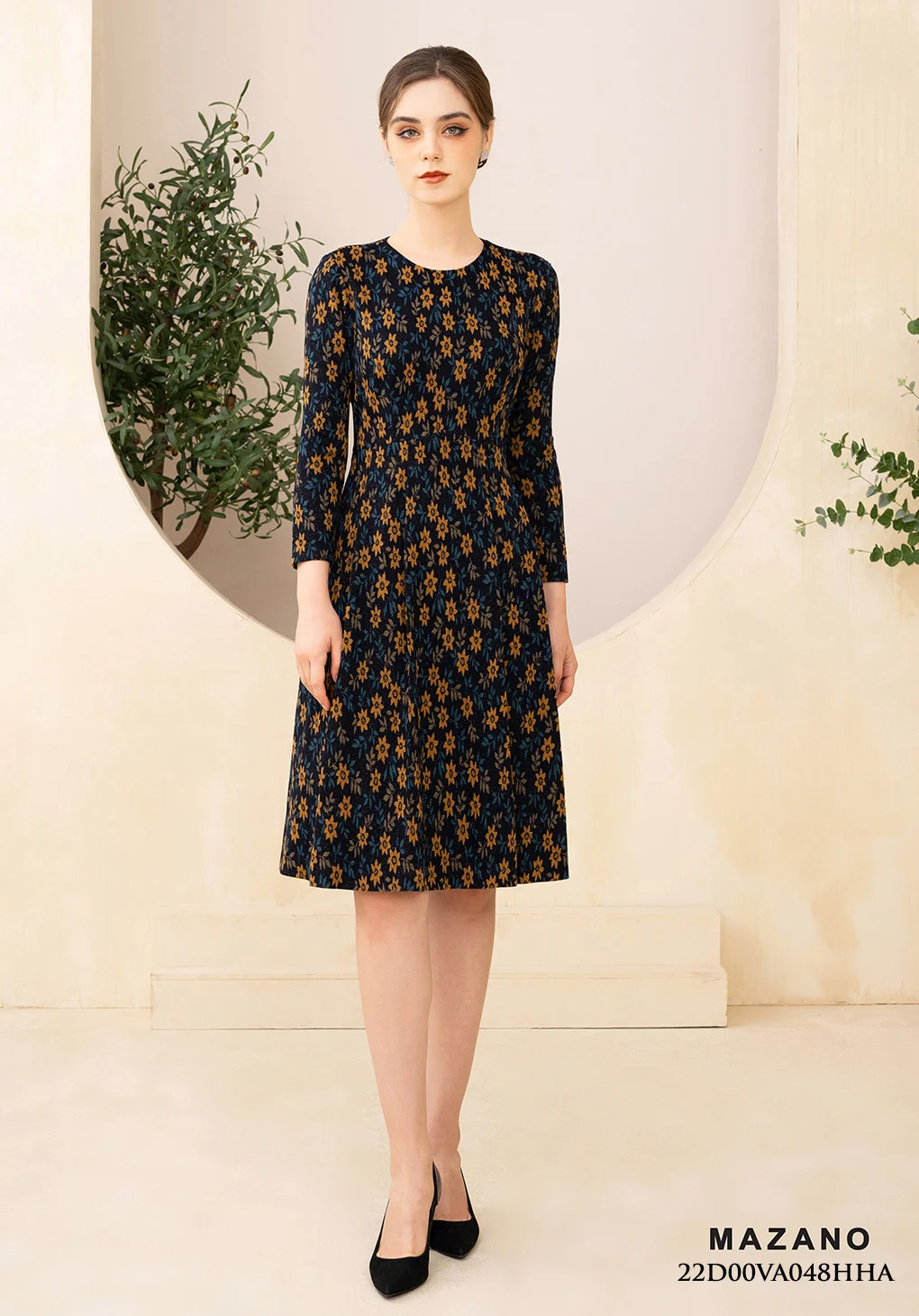 Đầm len họa tiết thân ôm chân rủ xếp ly