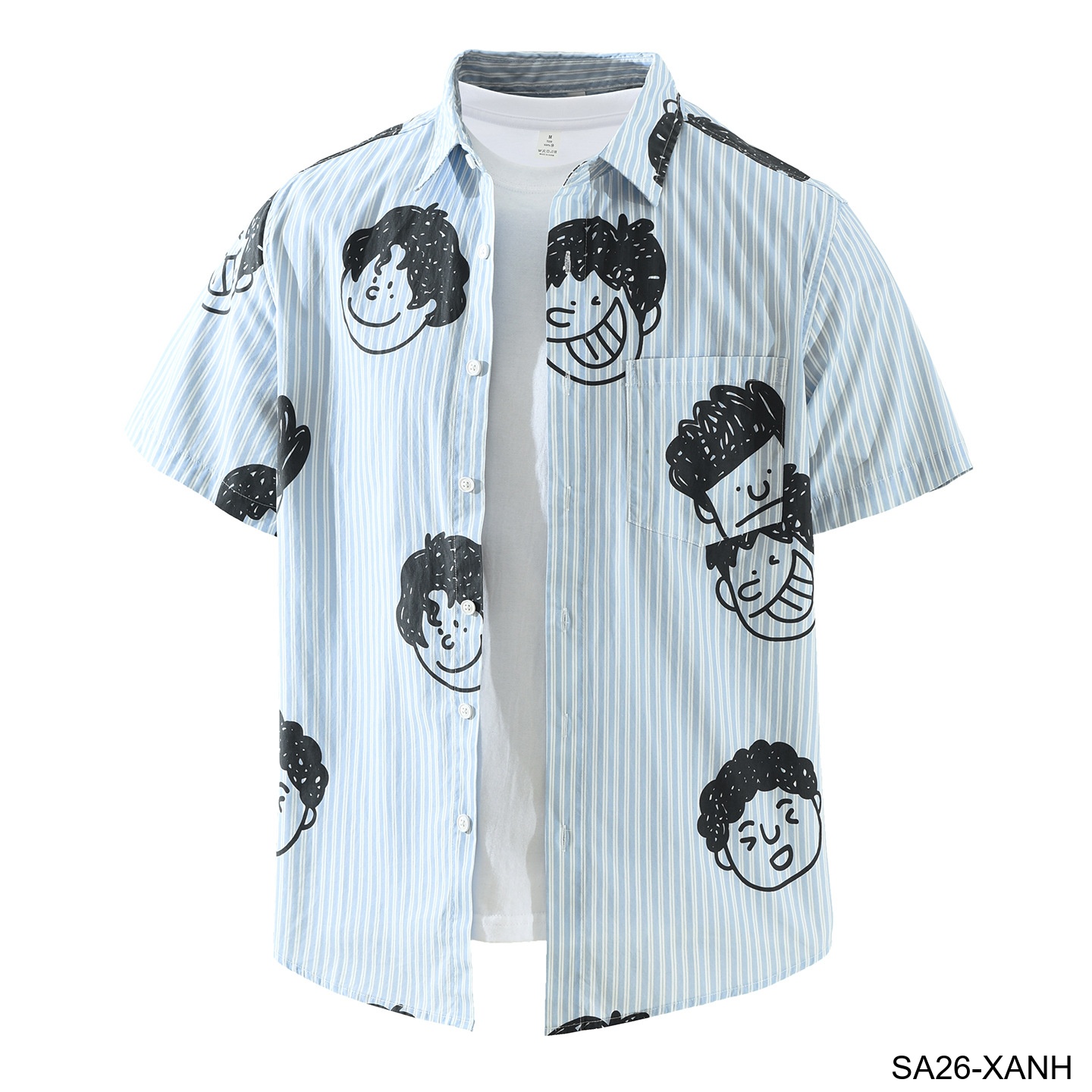 SA26 - Áo sơ mi nam tay ngắn họa tiết mặt cười phong cách Nhật Bản, chất cotton mềm mại, form rộng thoải mái