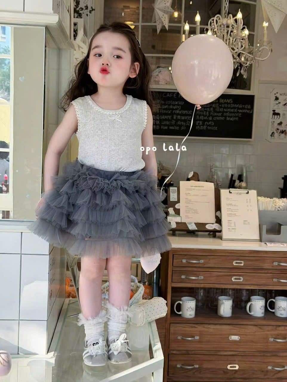 C77 - Chân váy tutu tầng màu xám tro hãng Opl (Sz 90-130)