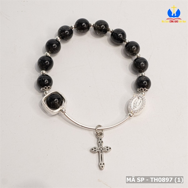 Vòng Mân Côi đá thạch anh tóc đen 10ly thiết kế