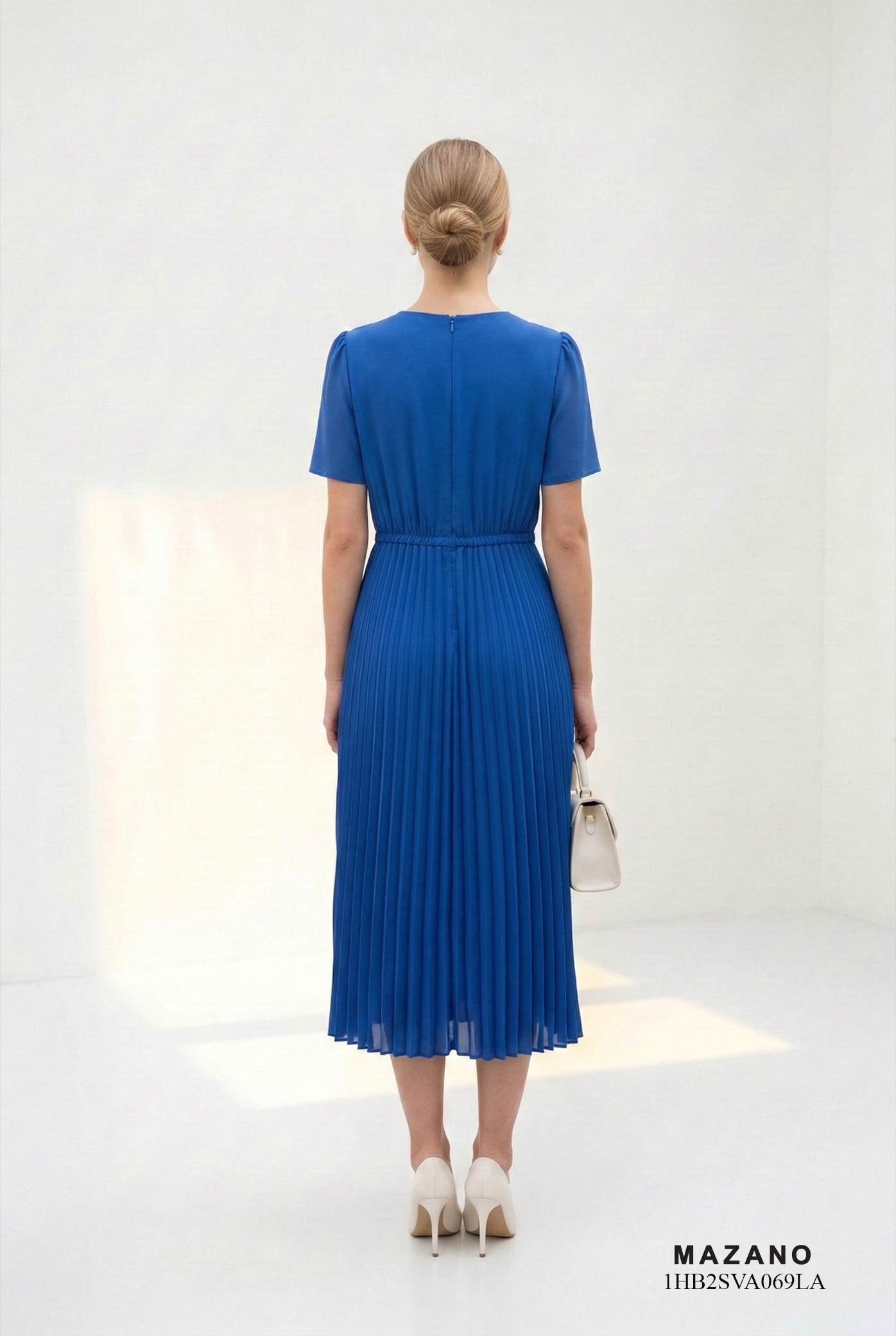 Đầm voan chiffon xanh dáng ôm chân dập ly cổ V tay ngắn thiết kế MAZANO_thumbnail_5