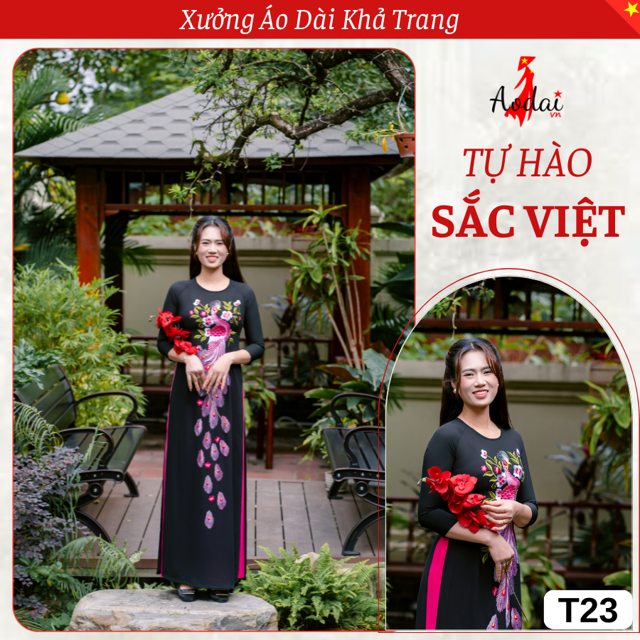 T23 Áo Dài Màu Đen Thêu Công Hồng Sen Cổ Tròn Tay Lỡ