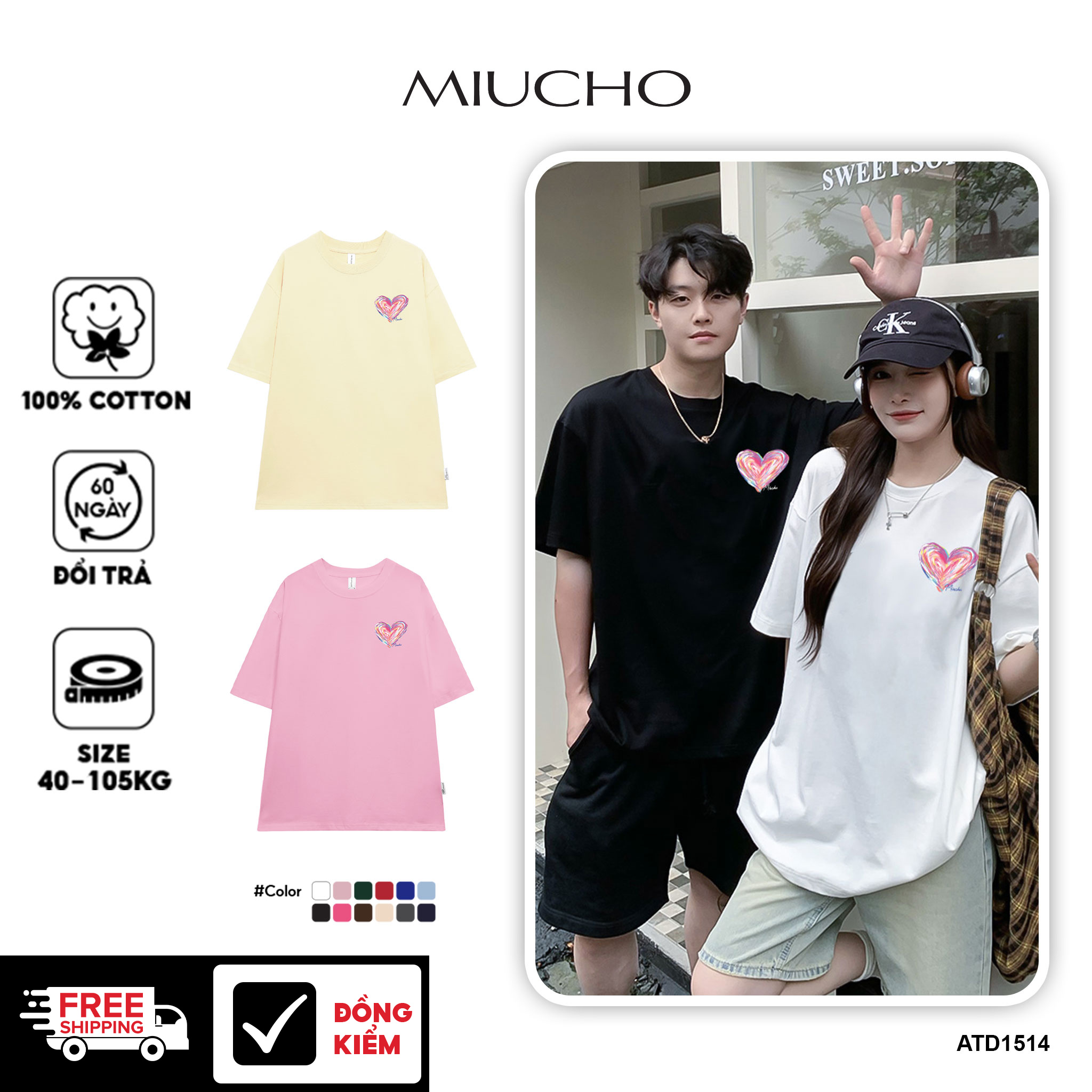 Áo thun cặp đôi in trái tim nhỏ dễ thương form rộng ATD1514 Miucho vải cotton thoáng mát cổ tròn in mix