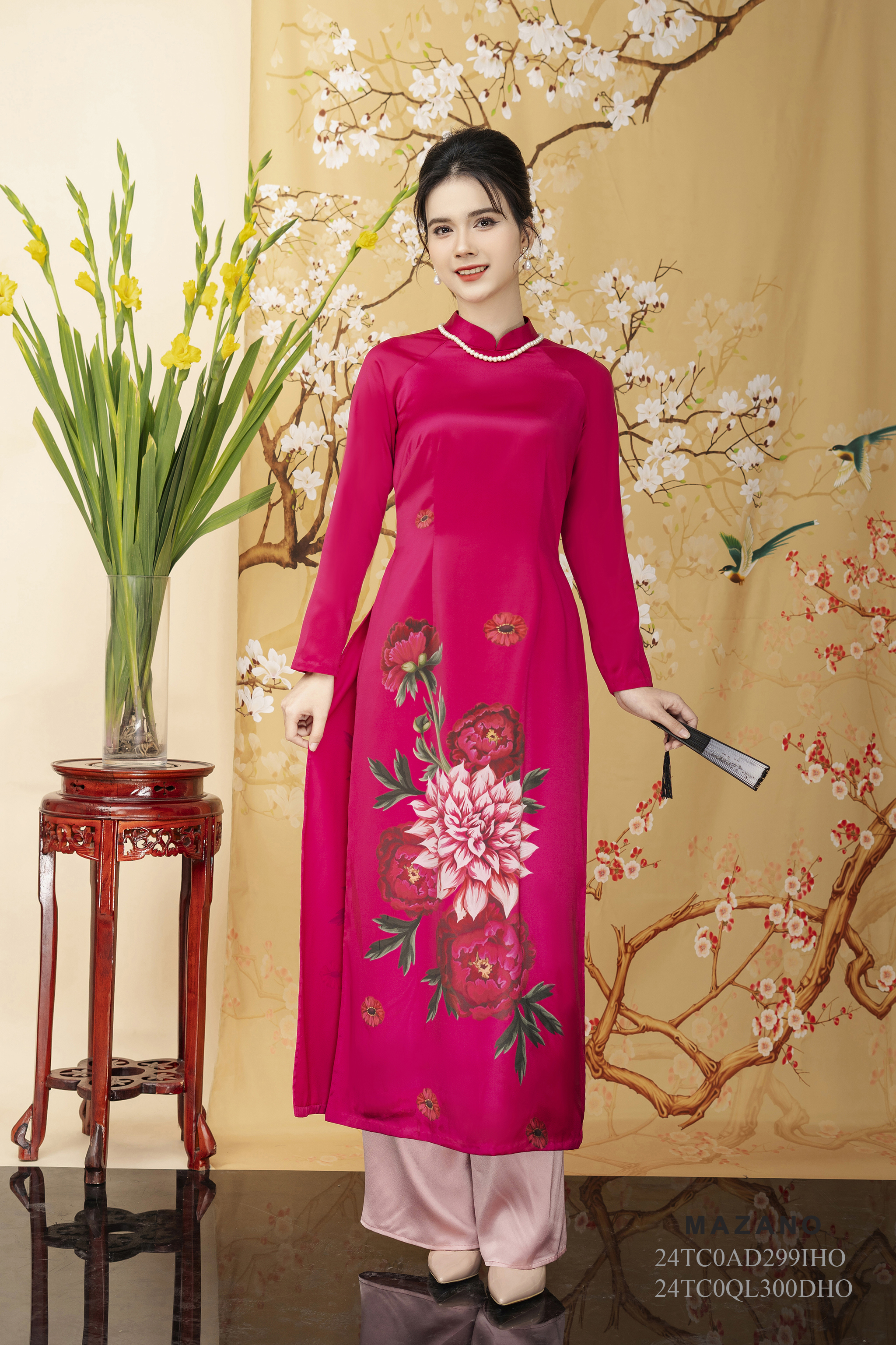 Áo Dài in hoa thược dược Vải lụa ngọc trai Cổ tàu Tay dài Dài tới mắt cá chân