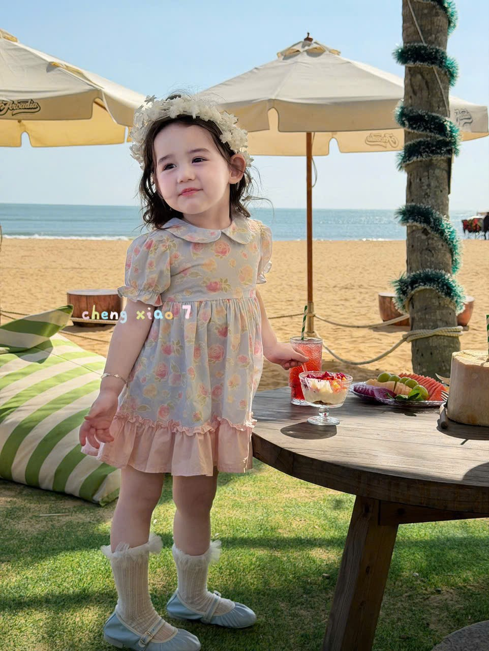 CX38 - Váy cotton hoa cổ sen tay phồng phối bèo hồng hãng CX7