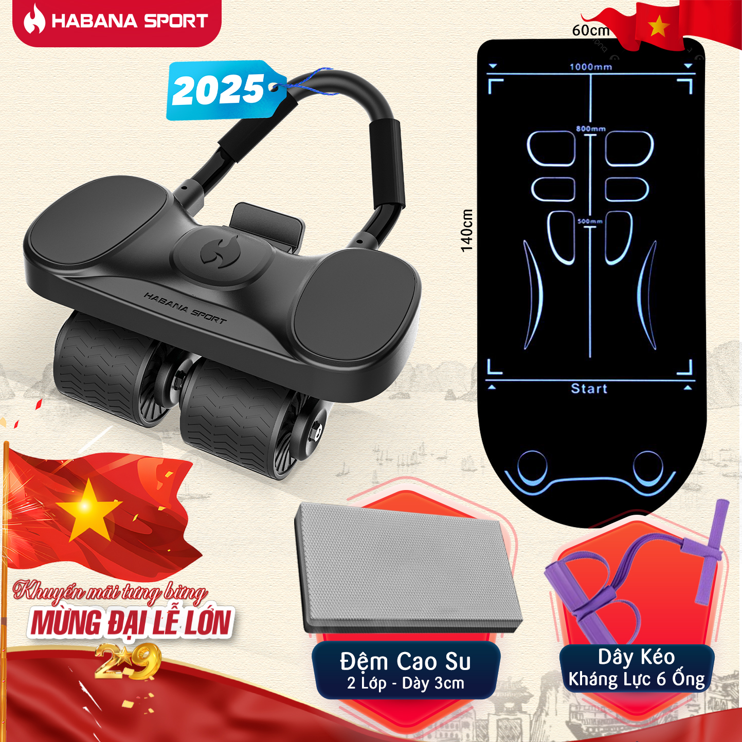 MÁY TẬP BỤNG HABANA SPORT CHÍNH HÃNG + Đệm 3cm + Dây Kéo Kháng Lực 6 Ống)