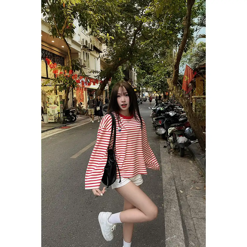 Áo thun boxy tay dài Miucho vải rib thoáng mát mềm mại co giãn tốt cổ tròn kẻ sọc kitty in mix 2691_thumbnail_4