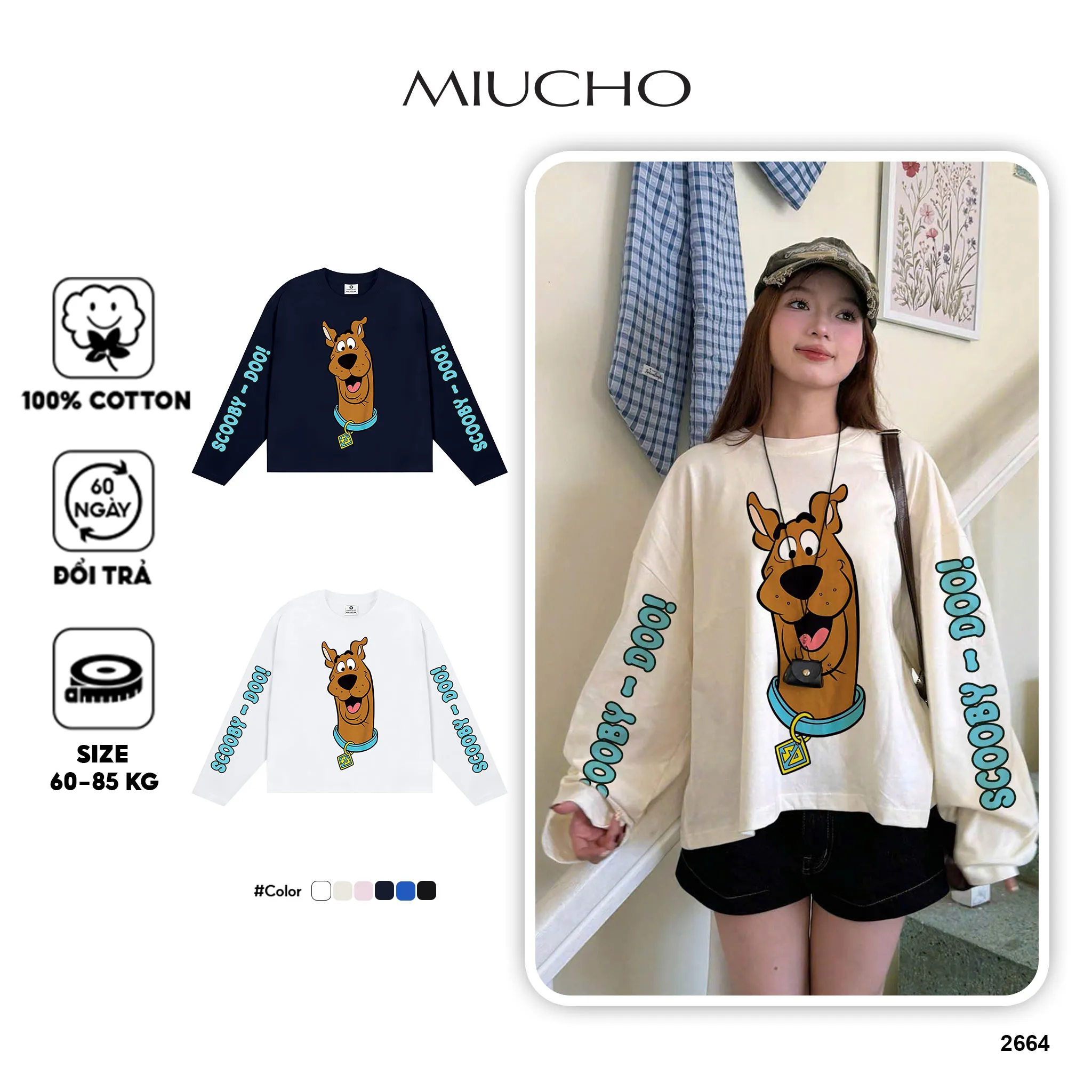 Áo thun boxy nam nữ tay dài Miucho cotton thoáng mát dày dặn SCOOBY DOO in mix 2664