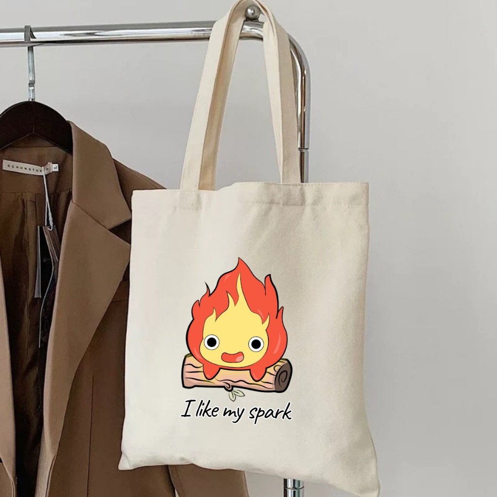 Túi tote vải canvas đeo vai, có khóa kéo và ngăn phụ, hình Ghibli Vô diện, Calcifer - WE TEE WTU07_thumbnail_4