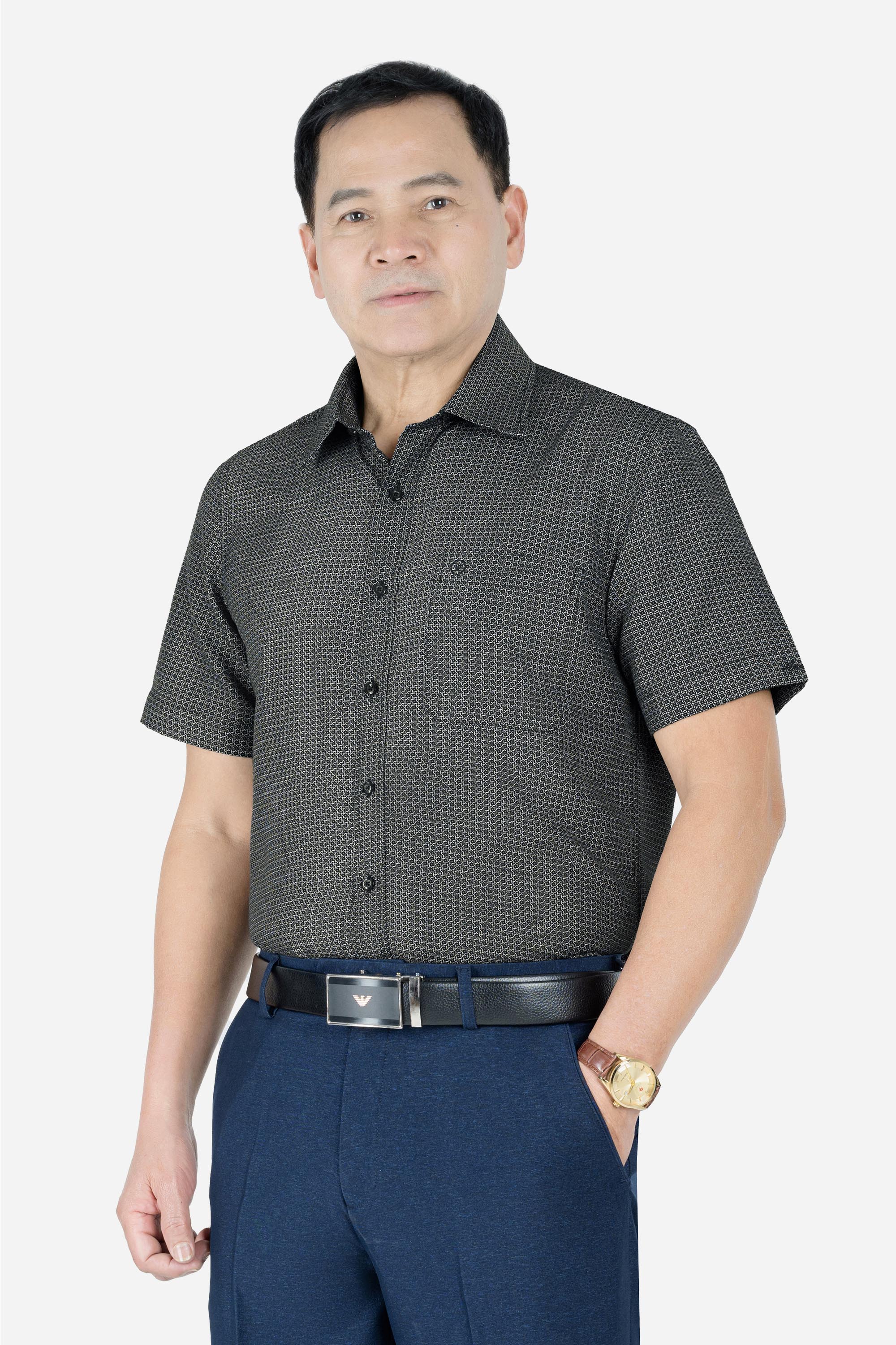 Sơ Mi Họa Tiết Nam Trung Niên ANCHI Chất Liệu Cotton Phom Suông Vạt Ngang Màu Đen_thumbnail_4