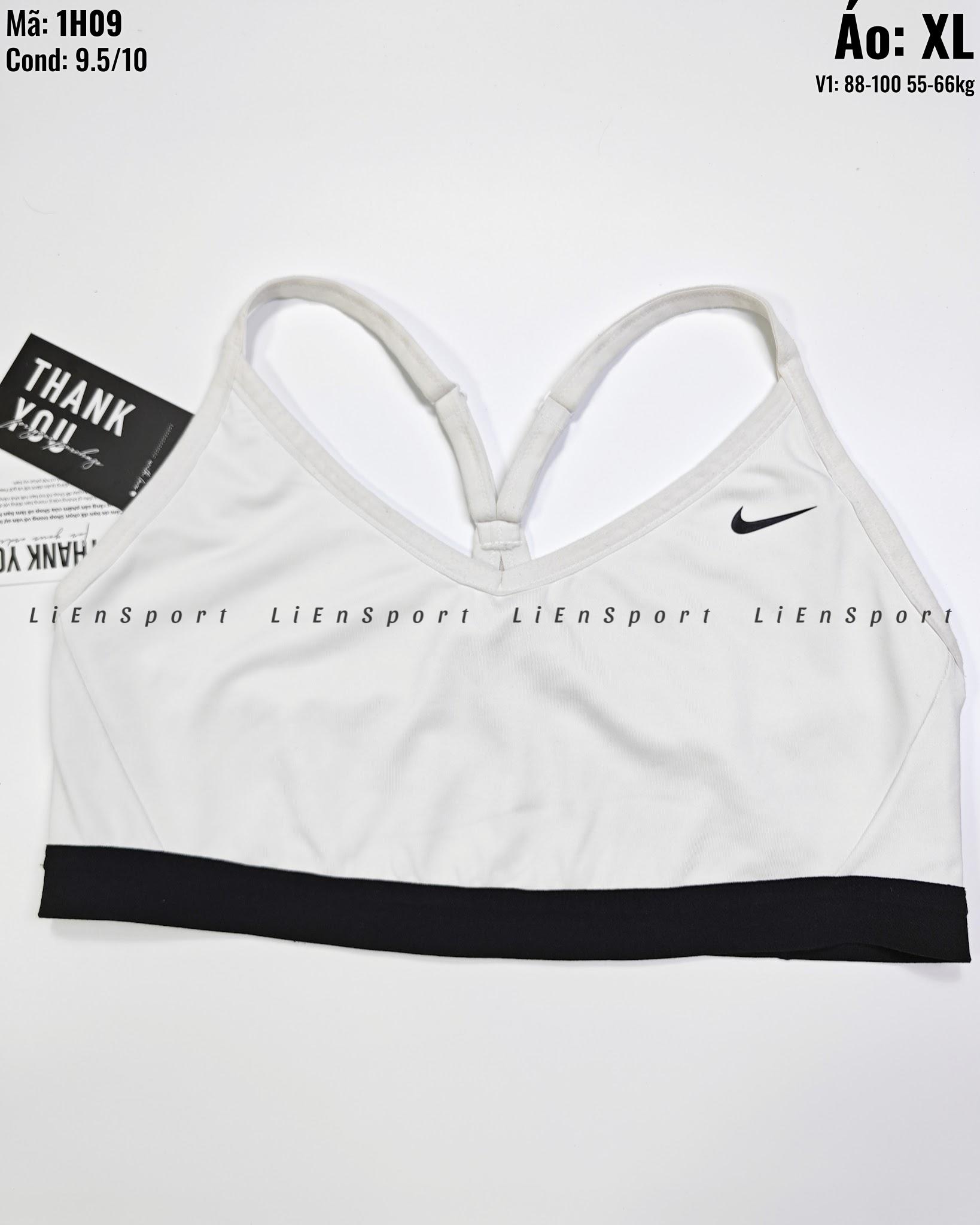 Nike Áo bra thể thao Nữ Size XL Trắng đen Như mới 95% Co giãn tốt Thoáng khí Dây vai mảnh lưng chữ X Chân ngực bản lớn Logo đen Phù hợp gym yoga chạy bộ Mã:1H09