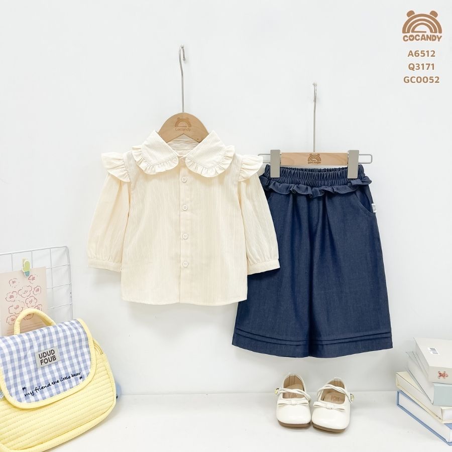 Áo dài sơ mi BE cổ viền bèo vai phối bèo