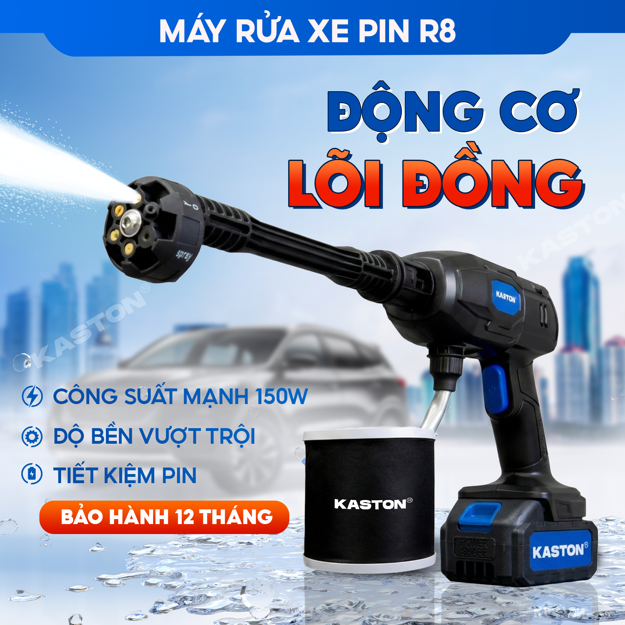 Máy rửa xe pin cao cấp Kaston - R8 - Kèm pin, nhỏ gọn mạnh mẽ - Động cơ công nghệ Đức bền bỉ vượt trội.