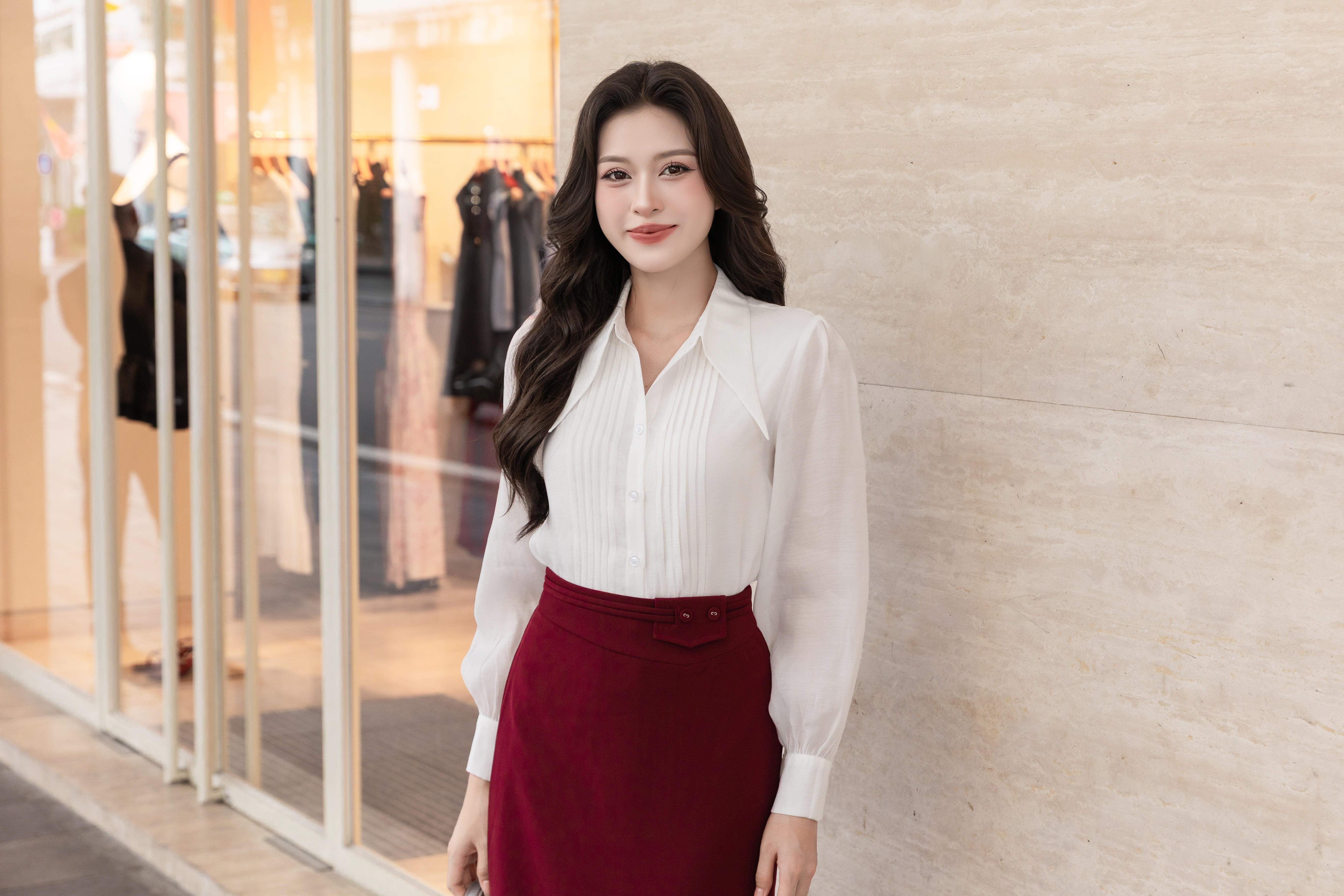 Áo sơ mi gân nẹp tơ hồng A4208