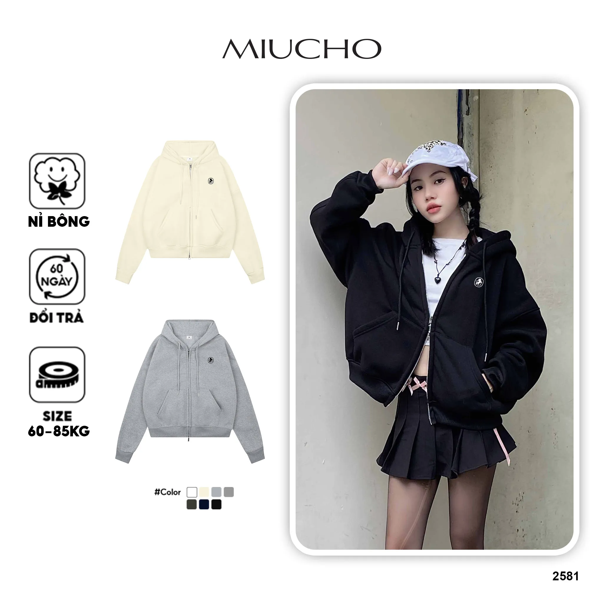 Áo hoodie zip form boxy basic dễ phối đồ 2581 Miucho vải nỉ bông cao cấp mềm mại thoáng mát_thumbnail_1