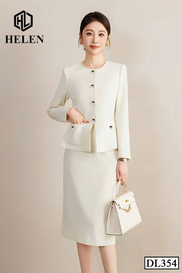Đầm ôm peplum màu kem giả set cổ tròn DL354