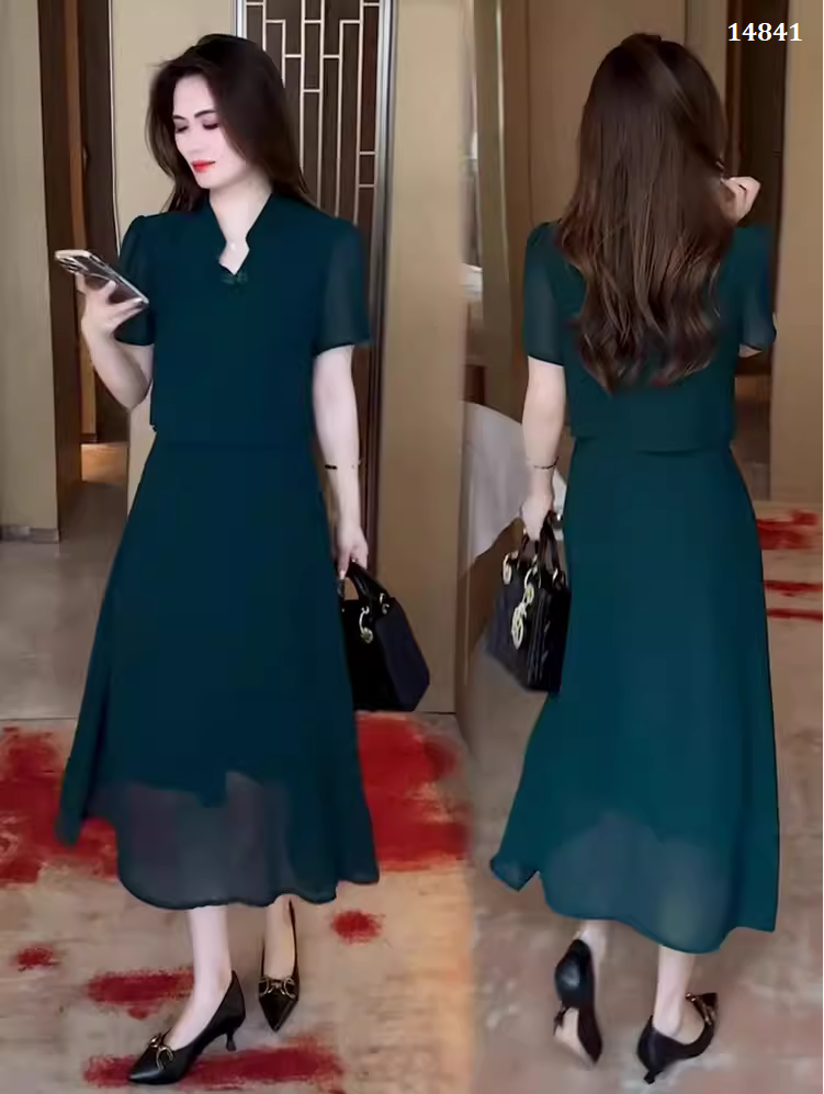 14841-Đầm xòe xanh giả  rời cổ tàu cách điệu (voan,lót)_thumbnail_0