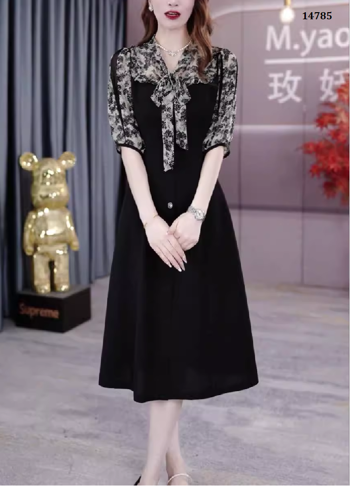 14785-Đầm suông A phối tay voan hoa cổ thắt nơ cách điệu ( poly 2 da, voan)_thumbnail_1