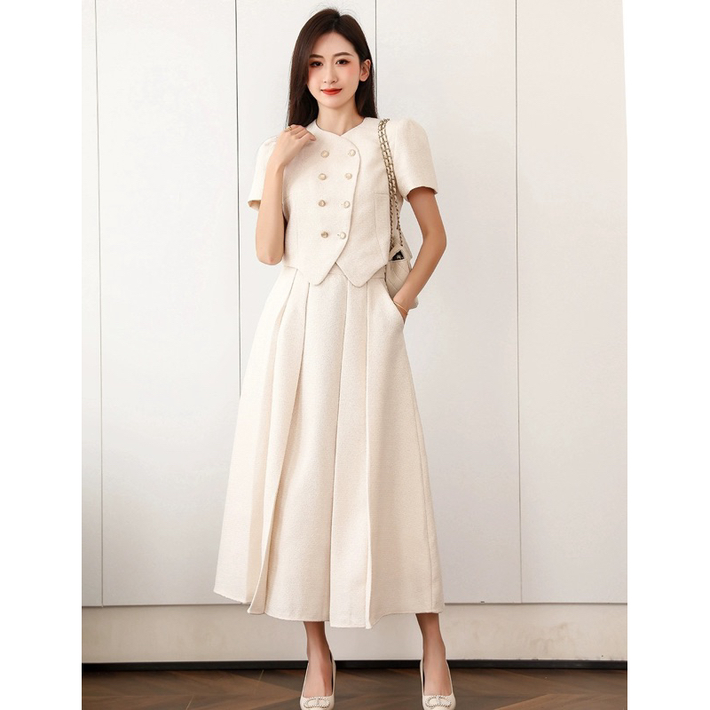 Set công sở vải dạ text thanh lịch, set áo kèm chân váy xếp ly dáng dài sang trọng Logastore_L77