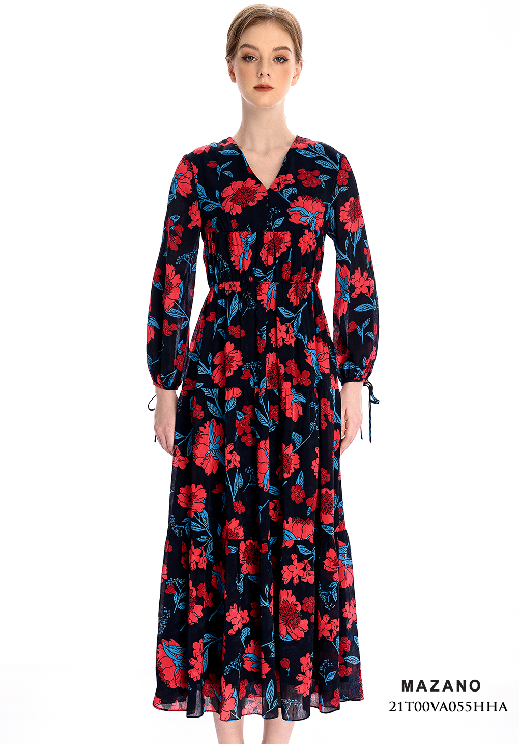 Đầm họa tiết dáng dài chân rủ tay cách điệu