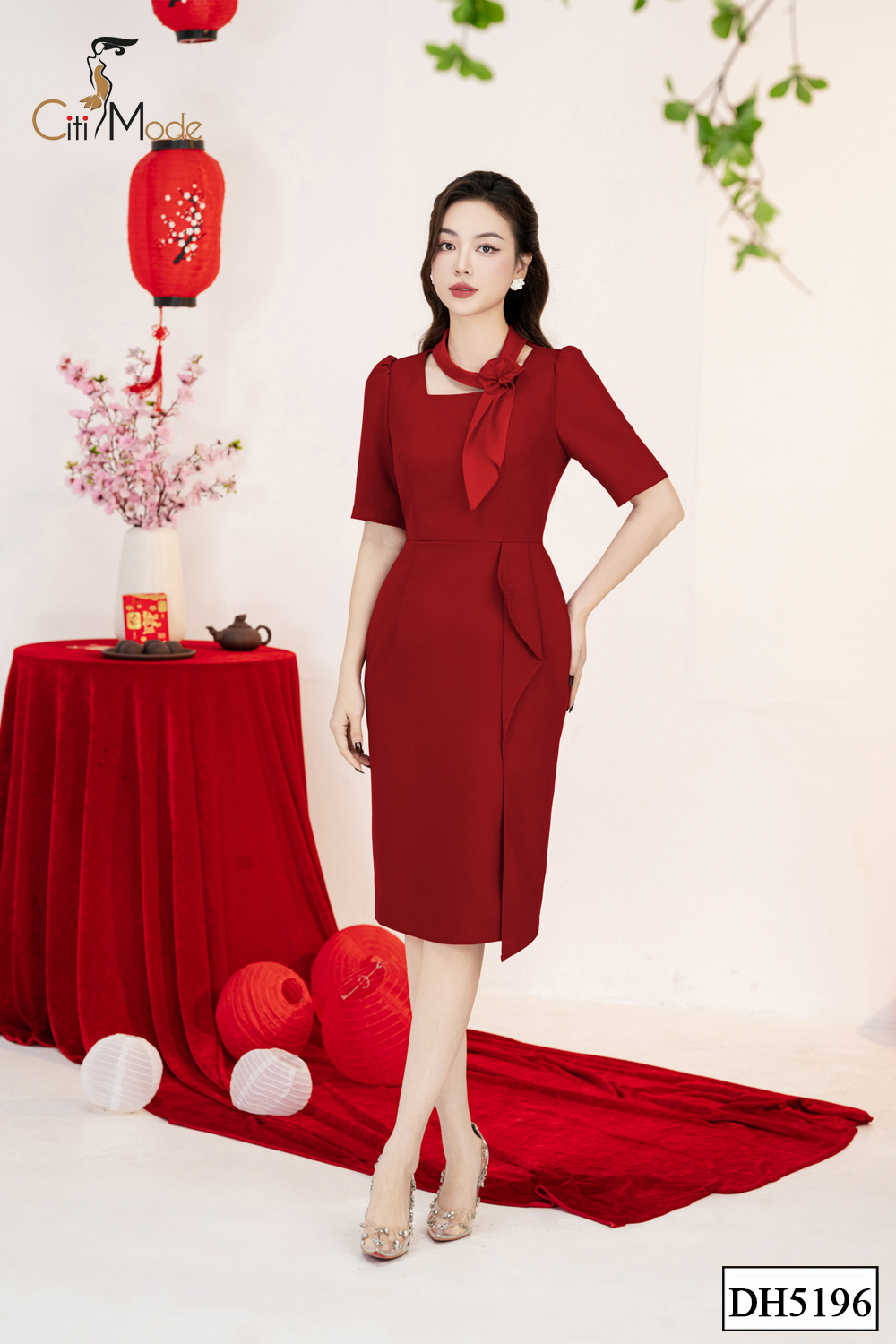 Đầm ôm đỏ vạt hông phối cổ vuông cách điệu_thumbnail_2