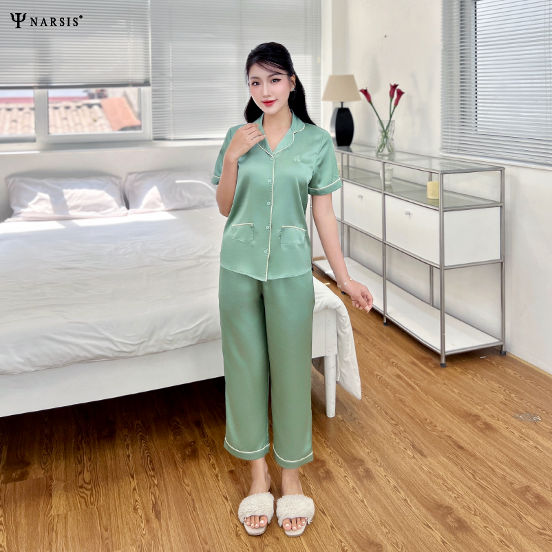 Bộ pijama satin cao cấp Narsis M24040 màu xanh lam, thiết kế thoáng mát, tinh tế._thumbnail_0