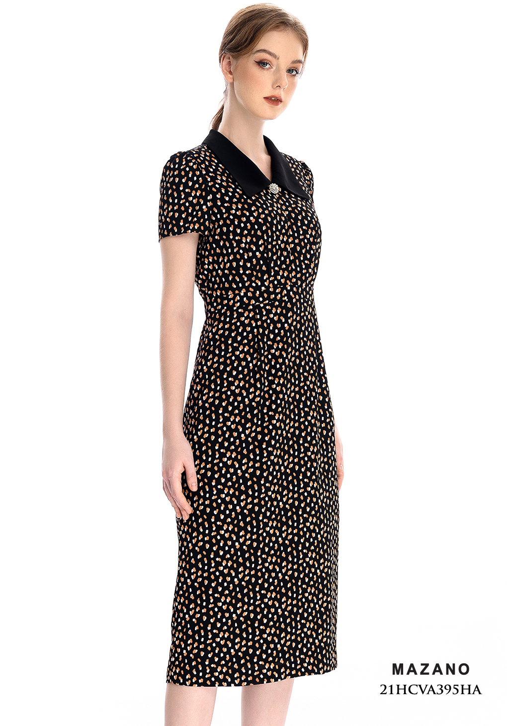 Đầm ôm A họa tiết chấm bi nâu vàng cổ cánh bướm_thumbnail_2